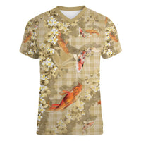 Beige Palaka Hawaiian And Japanese Women V-Neck T-Shirt Sakura Lei With Koi Fish - Polynesian Pride