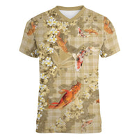 Beige Palaka Hawaiian And Japanese Women V-Neck T-Shirt Sakura Lei With Koi Fish DT05 Female Beige - Polynesian Pride