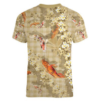 Beige Palaka Hawaiian And Japanese Women V-Neck T-Shirt Sakura Lei With Koi Fish - Polynesian Pride