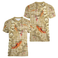 Beige Palaka Hawaiian And Japanese Women V-Neck T-Shirt Sakura Lei With Koi Fish - Polynesian Pride