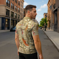 Beige Palaka Hawaiian And Japanese Zipper Polo Shirt Sakura Lei With Koi Fish DT05 - Polynesian Pride