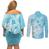 Hawaii Kanaka Maoli Couples Matching Off Shoulder Short Dress and Long Sleeve Button Shirt Polynesian Turtle Tattoo