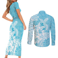 Hawaii Kanaka Maoli Couples Matching Short Sleeve Bodycon Dress and Long Sleeve Button Shirt Polynesian Turtle Tattoo