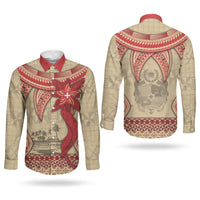 Tonga Language Week Couples Matching Off The Shoulder Long Sleeve Dress and Long Sleeve Button Shirt Tribal Cross Ngatu Floral Pattern
