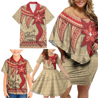 Tonga Language Week Family Matching Off Shoulder Short Dress and Hawaiian Shirt Tribal Cross Ngatu Floral Pattern