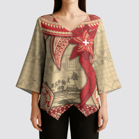 Tonga Language Week Kimono Sleeve Blouse Tribal Cross Ngatu Floral Pattern