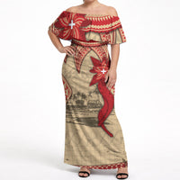 Tonga Language Week Off Shoulder Maxi Dress Tribal Cross Ngatu Floral Pattern