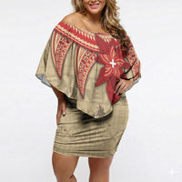 Tonga Language Week Off Shoulder Short Dress Tribal Cross Ngatu Floral Pattern