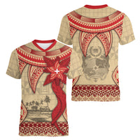 Tonga Language Week Women V-Neck T-Shirt Tribal Cross Ngatu Floral Pattern