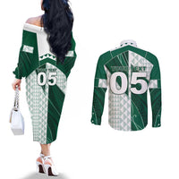 Custom Hawaii Volleyball Couples Matching Off The Shoulder Long Sleeve Dress and Long Sleeve Button Shirt Shaka Aloha Hand DT05 - Polynesian Pride