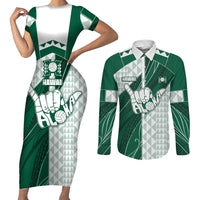 Custom Hawaii Volleyball Couples Matching Short Sleeve Bodycon Dress and Long Sleeve Button Shirt Shaka Aloha Hand DT05 Green - Polynesian Pride