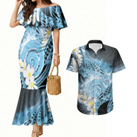 Piko Hawaiian Couples Matching Mermaid Dress and Hawaiian Shirt Blue Galaxy Spiral Plumeria Tribal Patterns