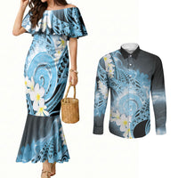 Piko Hawaiian Couples Matching Mermaid Dress and Long Sleeve Button Shirt Blue Galaxy Spiral Plumeria Tribal Patterns