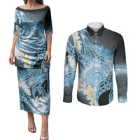 Piko Hawaiian Couples Matching Puletasi and Long Sleeve Button Shirt Blue Galaxy Spiral Plumeria Tribal Patterns