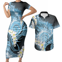 Piko Hawaiian Couples Matching Short Sleeve Bodycon Dress and Hawaiian Shirt Blue Galaxy Spiral Plumeria Tribal Patterns