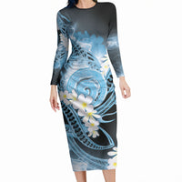 Piko Hawaiian Long Sleeve Bodycon Dress Blue Galaxy Spiral Plumeria Tribal Patterns