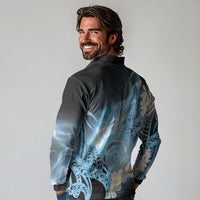 Piko Hawaiian Long Sleeve Polo Shirt Blue Galaxy Spiral Plumeria Tribal Patterns
