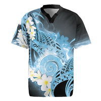 Piko Hawaiian Rugby Jersey Blue Galaxy Spiral Plumeria Tribal Patterns