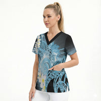 Piko Hawaiian Scrub Top Blue Galaxy Spiral Plumeria Tribal Patterns