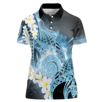 Piko Hawaiian Women Polo Shirt Blue Galaxy Spiral Plumeria Tribal Patterns
