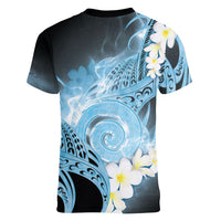 Piko Hawaiian Women V-Neck T-Shirt Blue Galaxy Spiral Plumeria Tribal Patterns