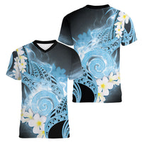 Piko Hawaiian Women V-Neck T-Shirt Blue Galaxy Spiral Plumeria Tribal Patterns