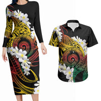 Piko Hawaiian Couples Matching Long Sleeve Bodycon Dress and Hawaiian Shirt Gradient Spiral Plumeria Tribal Patterns