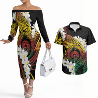 Piko Hawaiian Couples Matching Off The Shoulder Long Sleeve Dress and Hawaiian Shirt Gradient Spiral Plumeria Tribal Patterns
