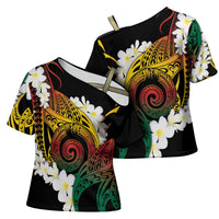 Piko Hawaiian Cross Shoulder Shirt Gradient Spiral Plumeria Tribal Patterns