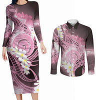 Piko Hawaiian Couples Matching Long Sleeve Bodycon Dress and Long Sleeve Button Shirt Pink Galaxy Spiral Plumeria Tribal Patterns