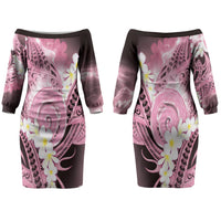 Piko Hawaiian Couples Matching Off The Shoulder Long Sleeve Dress and Hawaiian Shirt Pink Galaxy Spiral Plumeria Tribal Patterns