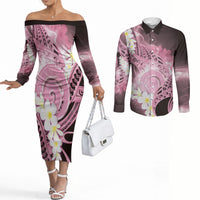 Piko Hawaiian Couples Matching Off The Shoulder Long Sleeve Dress and Long Sleeve Button Shirt Pink Galaxy Spiral Plumeria Tribal Patterns
