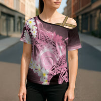 Piko Hawaiian Cross Shoulder Shirt Pink Galaxy Spiral Plumeria Tribal Patterns