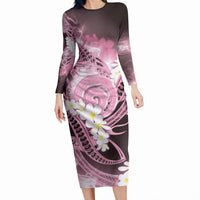 Piko Hawaiian Long Sleeve Bodycon Dress Pink Galaxy Spiral Plumeria Tribal Patterns