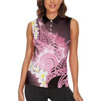 Piko Hawaiian Women Sleeveless Polo Shirt Pink Galaxy Spiral Plumeria Tribal Patterns