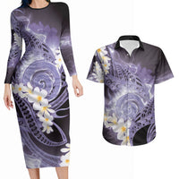 Piko Hawaiian Couples Matching Long Sleeve Bodycon Dress and Hawaiian Shirt Purple Galaxy Spiral Plumeria Tribal Patterns