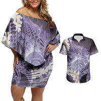 Piko Hawaiian Couples Matching Off Shoulder Short Dress and Hawaiian Shirt Purple Galaxy Spiral Plumeria Tribal Patterns