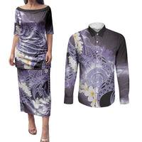 Piko Hawaiian Couples Matching Puletasi and Long Sleeve Button Shirt Purple Galaxy Spiral Plumeria Tribal Patterns