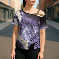 Piko Hawaiian Cross Shoulder Shirt Purple Galaxy Spiral Plumeria Tribal Patterns