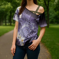 Piko Hawaiian Cross Shoulder Shirt Purple Galaxy Spiral Plumeria Tribal Patterns