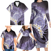 Piko Hawaiian Family Matching Long Sleeve Bodycon Dress and Hawaiian Shirt Purple Galaxy Spiral Plumeria Tribal Patterns