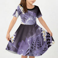 Piko Hawaiian Kid Short Sleeve Dress Purple Galaxy Spiral Plumeria Tribal Patterns