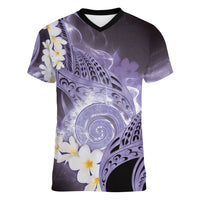 Piko Hawaiian Women V-Neck T-Shirt Purple Galaxy Spiral Plumeria Tribal Patterns