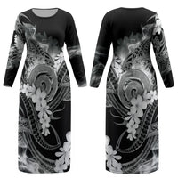 Piko Hawaiian Couples Matching Long Sleeve Bodycon Dress and Hawaiian Shirt Monochrome Galaxy Spiral Plumeria Tribal Patterns