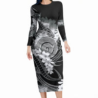 Piko Hawaiian Long Sleeve Bodycon Dress Monochrome Galaxy Spiral Plumeria Tribal Patterns