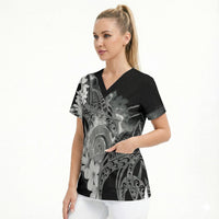 Piko Hawaiian Scrub Top Monochrome Galaxy Spiral Plumeria Tribal Patterns