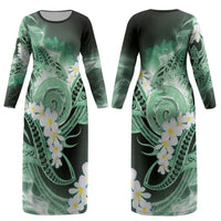 Piko Hawaiian Couples Matching Long Sleeve Bodycon Dress and Long Sleeve Button Shirt Green Galaxy Spiral Plumeria Tribal Patterns