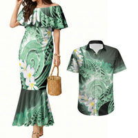 Piko Hawaiian Couples Matching Mermaid Dress and Hawaiian Shirt Green Galaxy Spiral Plumeria Tribal Patterns