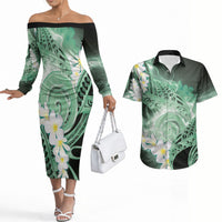 Piko Hawaiian Couples Matching Off The Shoulder Long Sleeve Dress and Hawaiian Shirt Green Galaxy Spiral Plumeria Tribal Patterns