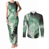 Piko Hawaiian Couples Matching Tank Maxi Dress and Long Sleeve Button Shirt Green Galaxy Spiral Plumeria Tribal Patterns